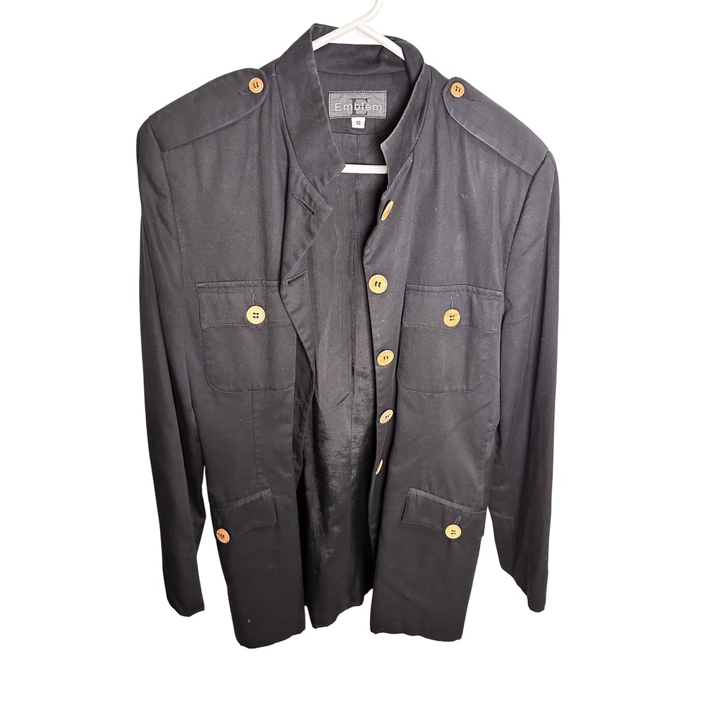 Emblem Black Military Safari Jacket Mandarin Collar Wood Buttons Womens 12